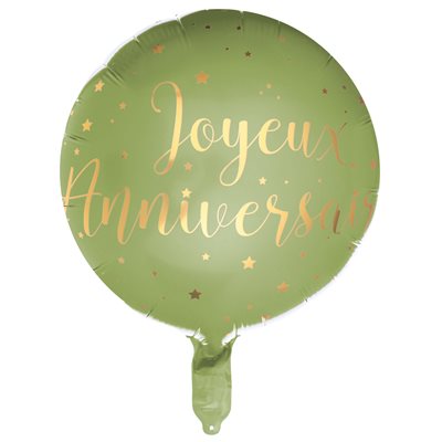 Ballon Alu Joyeux Anniversaire métallisé Sauge Ø 45 cm. Héli